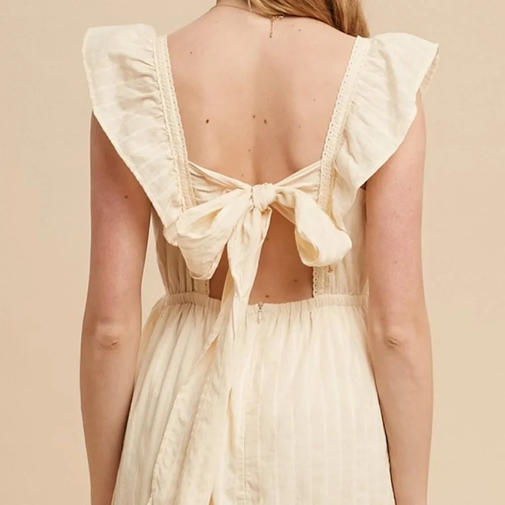 NEW Cream Apron Ruffle Square Neck Floral Embroidered Tie Back Cotton Midi Dress - Picture 8 of 12